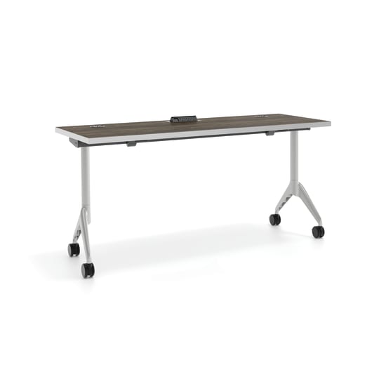 Mobile training table with a wood rectangular top, integrated power module, and caster-supported metal legs, shown on a white background.