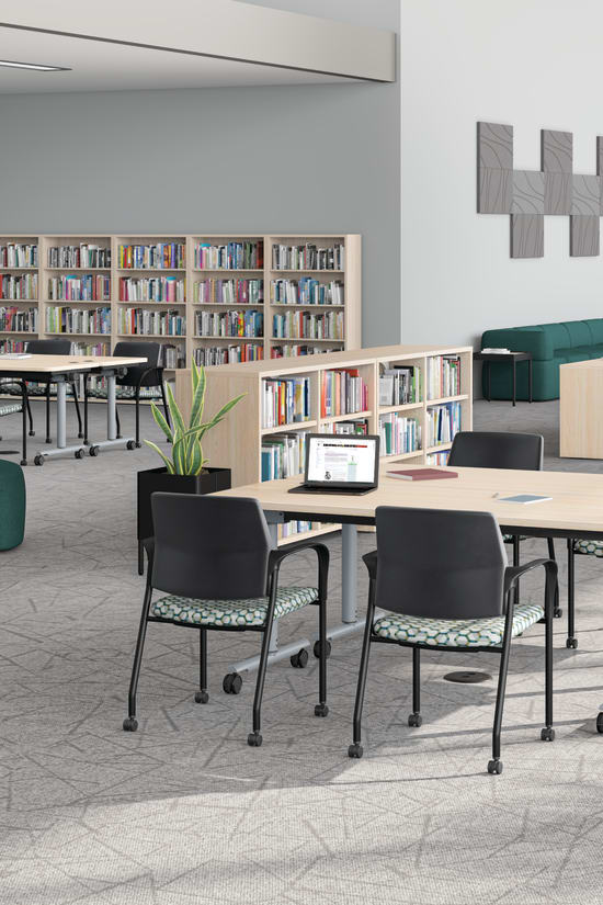 Media center image featuring green SoCo units and laminate Field Trip Tables.