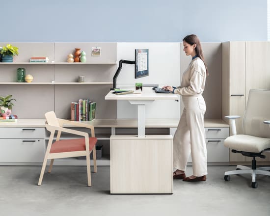 The image depicts a modern, minimalist home office setup with a woman standing at a standing desk, surrounded by shelves, chairs, and other office equipment.