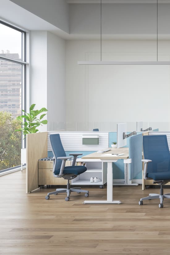 Abound cubicles with gallery panels and Contain credenzas.