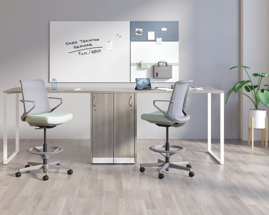 Cliq Stools with Storage Islands and Contain Storage, and Work Wall Tiles.