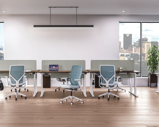 Row of 2 height adjustable workstations with Flexion task seating.