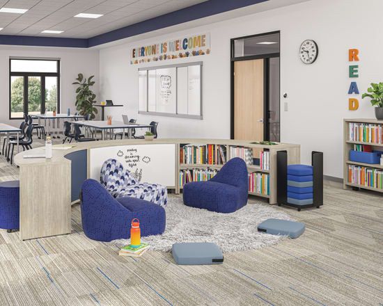 Classroom with Storyline nook featuring Confetti lounge chairs and floor cushions.