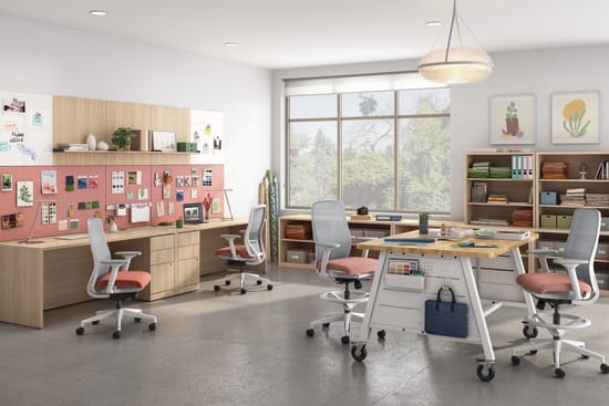 A designer's space featuring Nucleus task chairs and stools with 10500 Series storage and Makerspace tables.