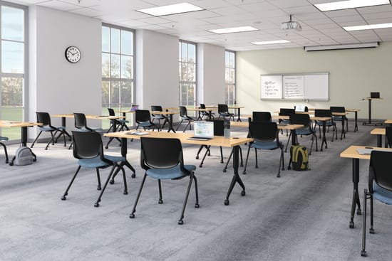 A classroom setting featuring Motivate chairs and tables with SmartLink learning board system.