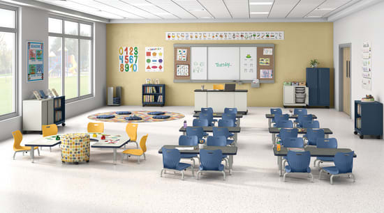 Classroom with SmartLink chairs, Build Tables and Confetti.