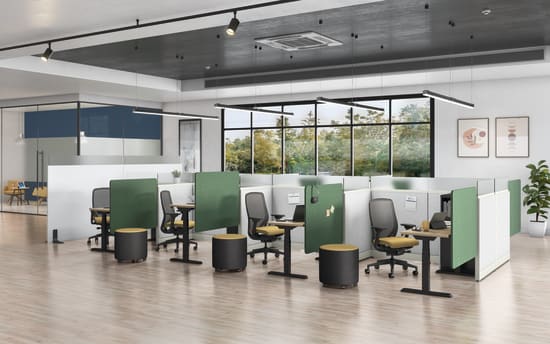 Universal Screens showed with Accelerate Panels, Contain Storage, Nucleus Task Chairs, and Flock Mini.