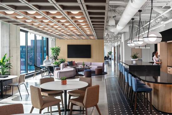 Flexible lounge area with upholstered seating, ottomans, low tables, open shelving, and acoustic ceiling panels near large windows.