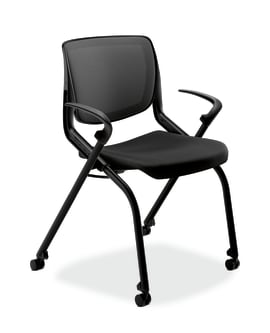 HON Motivate Nesting Stacking Chair | Black 4way Stretch Back | Fixed Arms | Onyx Shell | Black Frame | Black Fabric