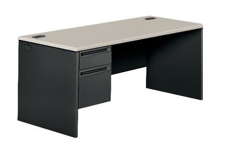 HON 38000 Series Left Pedestal Desk | 1 Box  1 File Drawer | 66W | Patterned Gray Laminate | Charcoal Finish