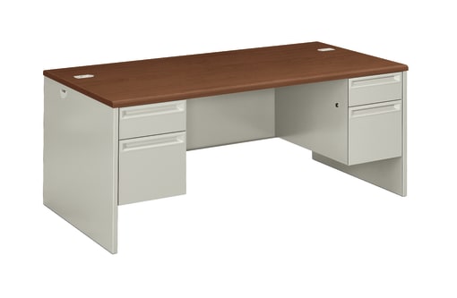 HON 38000 Series Double Pedestal Desk | 2 Box  2 File Drawers | 72W | Shaker Cherry Laminate | Light Gray Finish