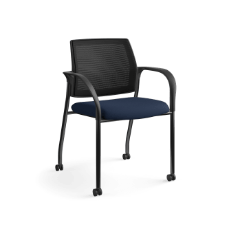 HON Ignition MultiPurpose Stacking Chair | 4Leg | Fixed Arms | Casters | Black 4way stretch Mesh Back | Navy Seat Fabric | Black Frame