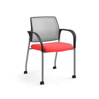 HON Ignition MultiPurpose Stacking Chair | 4Leg | Fixed Arms | Casters | Fog 4way stretch Mesh Back | Ruby Seat Fabric | Platinum Frame