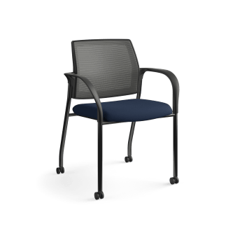 HON Ignition MultiPurpose Stacking Chair | 4Leg | Fixed Arms | Casters | Charcoal 4way stretch Mesh Back | Navy Seat Fabric | Black Frame