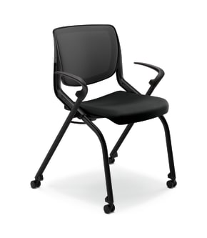 HON Motivate Nesting Stacking Chair | Black 4way Stretch Back | Fixed Arms | Onyx Shell | Black Frame | Black Fabric