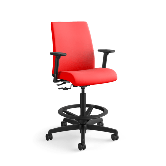 HON Ignition Task Stool | Adjustable Arms | Hard Casters | Upholstered Back | Ruby Fabric | Standard Base | Black Frame