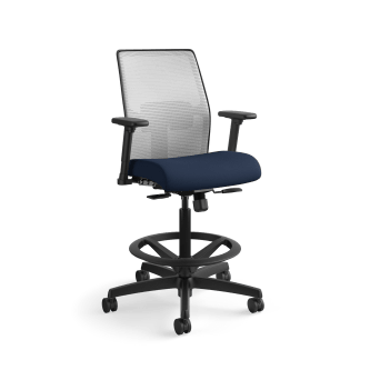 HON Ignition 20 LowBack 4way stretch Mesh Task Stool | Limited SynchroTilt Control | Height and WidthAdjustable Arms | Adjustable Lumbar Support | Hard Casters | Fog 4way stretch Mesh Back | Navy Seat Fabric | Standard Base | Black Frame