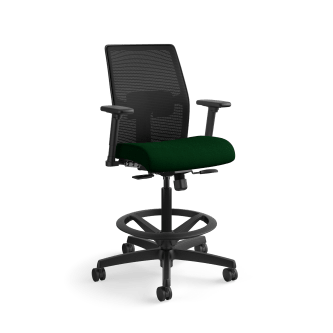 HON Ignition 20 LowBack 4way stretch Mesh Task Stool | Limited SynchroTilt Control | Height and WidthAdjustable Arms | Adjustable Lumbar Support | Hard Casters | Black 4way stretch Mesh Back | Jade Seat Fabric | Standard Base | Black Frame