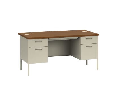 HON Metro Classic Double Pedestal Desk | 2 Box  2 File Drawers | 60W | Bourbon Cherry Laminate | Muslin Finish