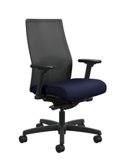 HON Ignition 20 4way stretch Mesh Back Task Chair | Advanced SynchroTilt Control | Height and WidthAdjustable Arms | Adjustable Lumbar Support | Hard Casters | Black 4way stretch Mesh Back | Navy Seat Fabric | Standard Base | Black Frame