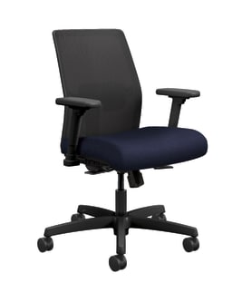 HON Ignition 20 4way stretch Mesh Back Task Chair | SynchroTilt Control With Seat Slider | Height and WidthAdjustable Arms | Adjustable Lumbar Support | Hard Casters | Black 4way stretch Mesh Back | Navy Seat Fabric | Black Frame
