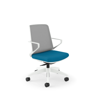 HON Cliq Light Task Chair | WeightActivated Tilt | Conference Cylinder | Fixed Arms | Fog Mesh | Peacock Fabric | Designer White Frame