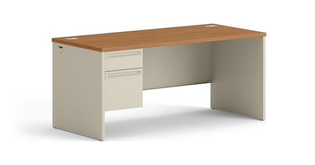 HON 38000 Series Left Pedestal Desk | 1 Box  1 File Drawer | 66W | Harvest Laminate | Putty Finish