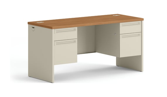 HON 38000 Series Double Pedestal Credenza with Knee Space | 2 Box  2 File Drawers | 60W | Harvest Laminate | Putty Finish