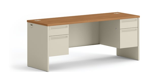 HON 38000 Series Double Pedestal Credenza with Knee Space | 2 Box  2 File Drawers | 72W | Harvest Laminate | Putty Finish