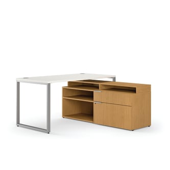 HON Voi Compact LWorkstation | Desk Low Credenza Layering Shelf | 60W x 60D | Platinum  Silver Mesh  Harvest Finish