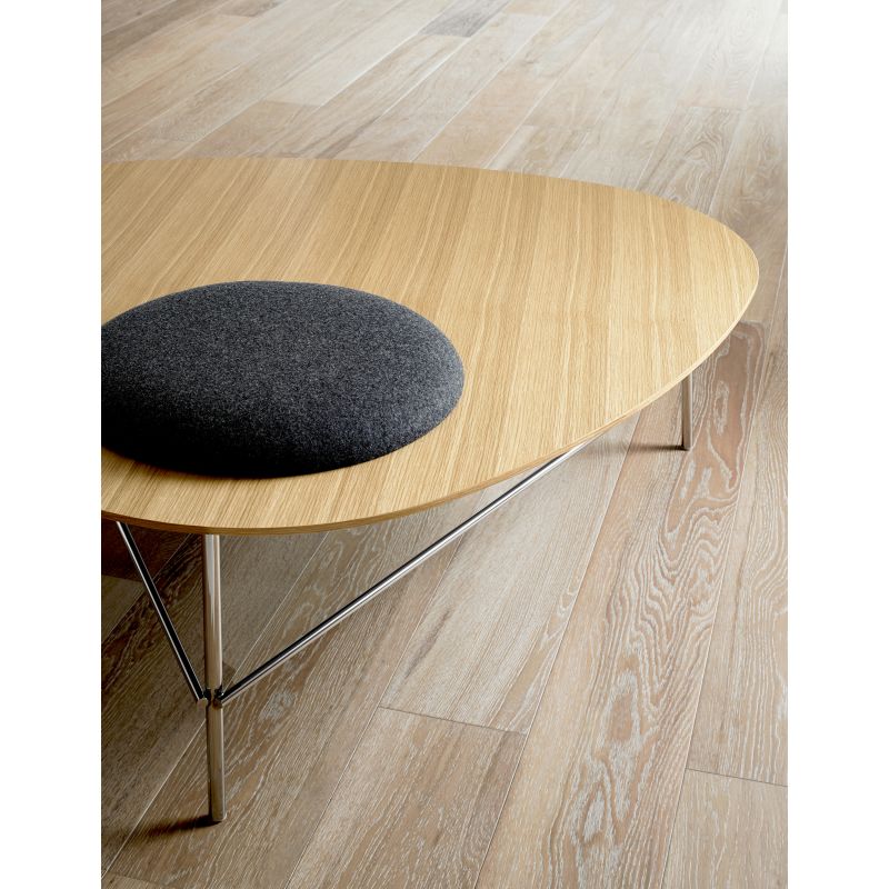 HBF, Tables, HBF’s Triscape table and pouf, a casual seating collection with fluid lines and an elemental form, is inspired