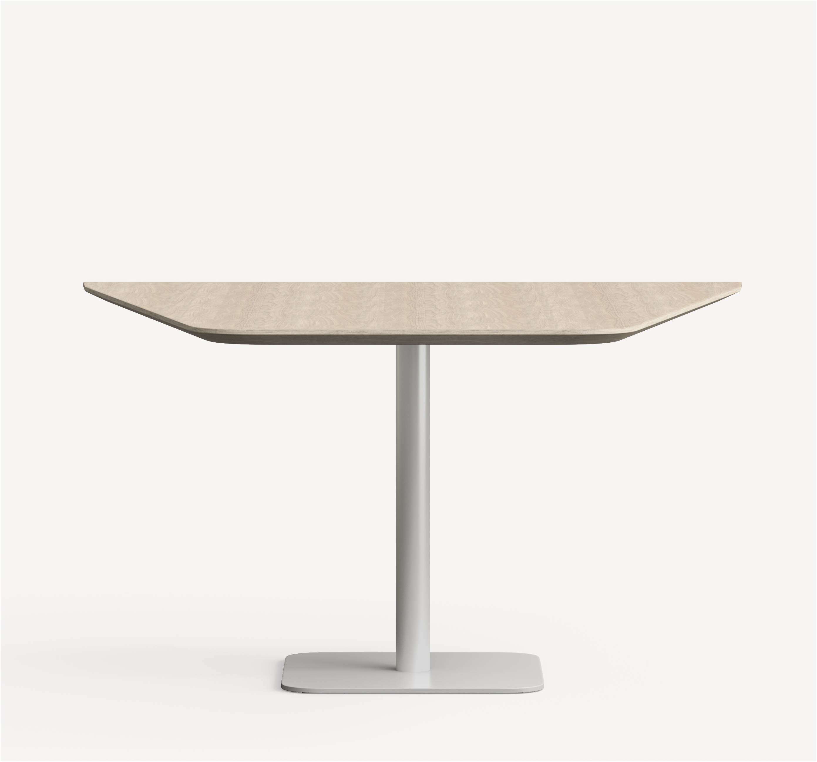 Allsteel Structure media collaborative table with square pedestal base and half-diamond, light laminate top.