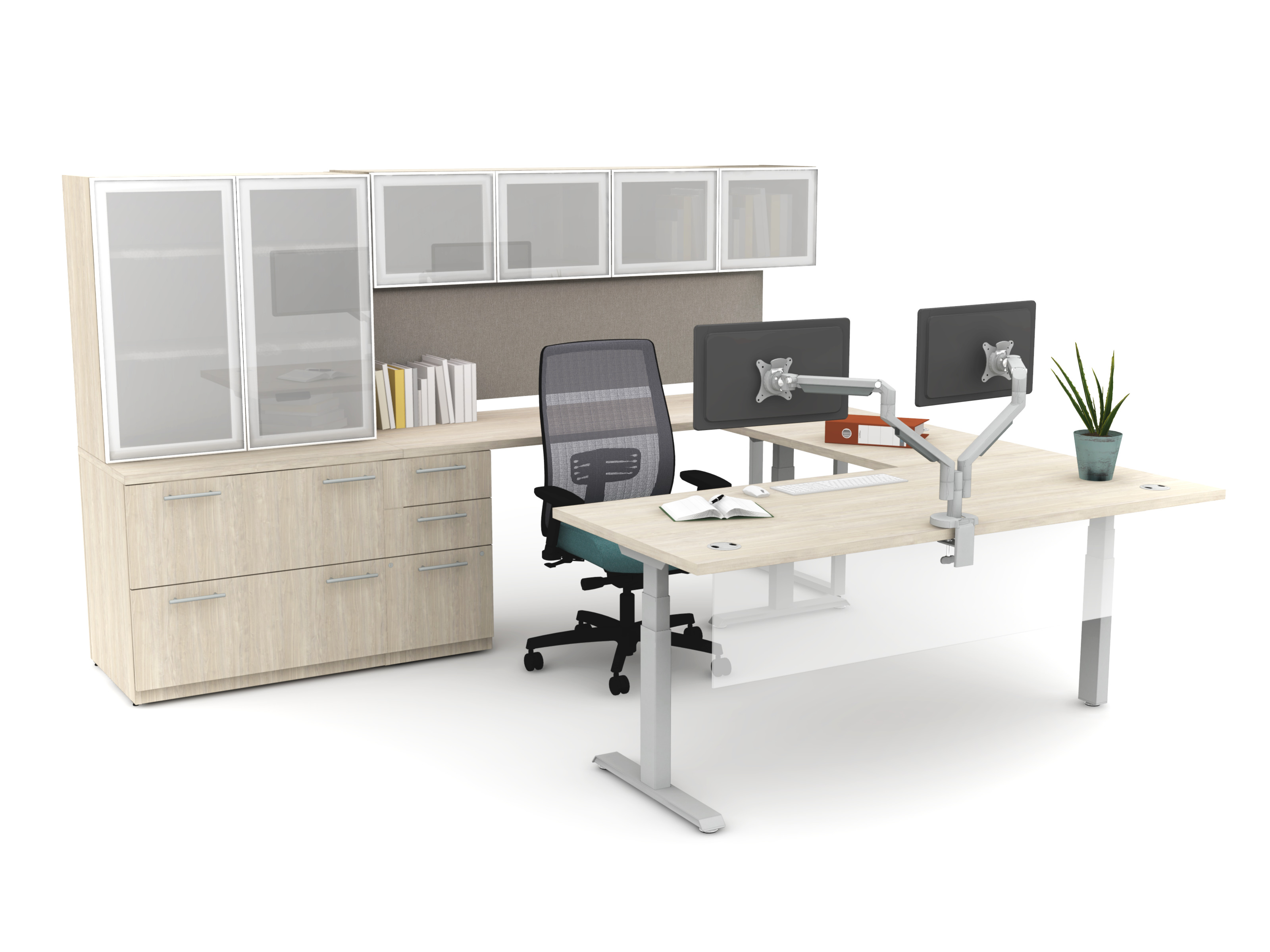 Concinnity - Height Adjustable L desk with Frosted Storage Wall Planning Typical