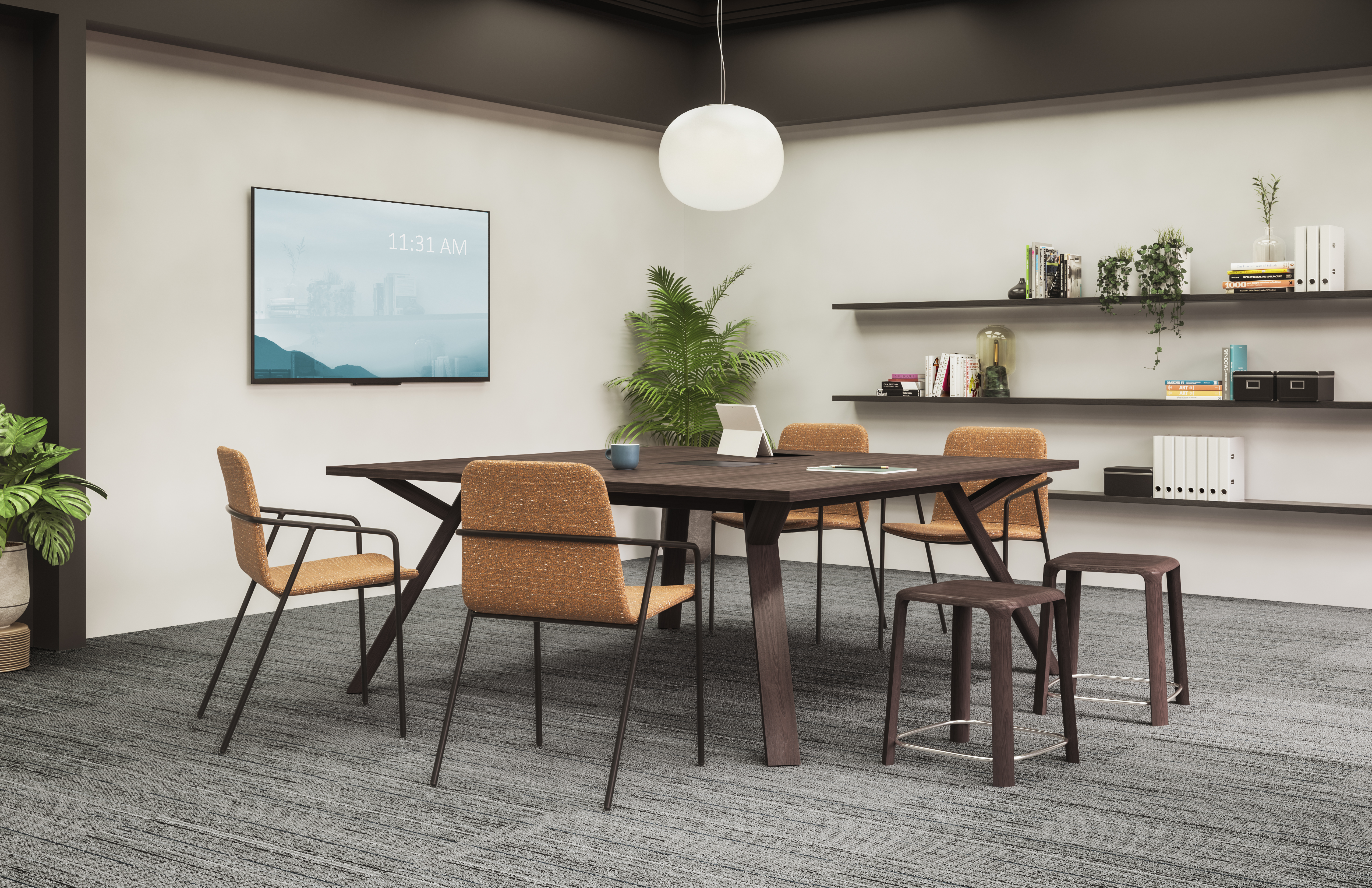 Gunlocke casual meeting room solution featuring LIV seating, Trillia stools, Saranac Table, and Silea sheliving. Gunlocke casual meeting room solution featuring LIV seating, Trillia stools, Saranac Table, and Silea sheliving.