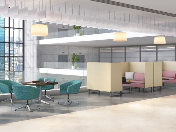 Astir Two-Seat High Back Lounge Chairs, Birk Tables, Preside Tables and Flock Square Chair.