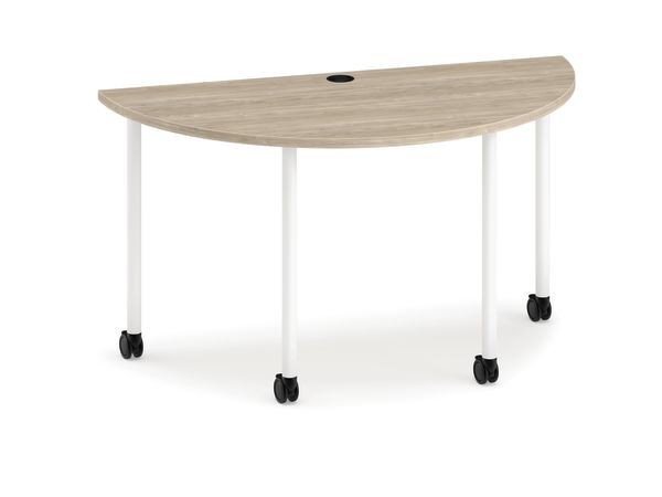 Huddle half round mobile table in Kingswood Walnut laminate with white base.