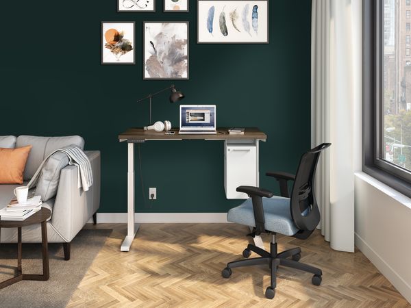 Coordinate Height Adjustable Base with Coze Worksurface and Fuse Undermount Storage and Convergence Task Chair.
