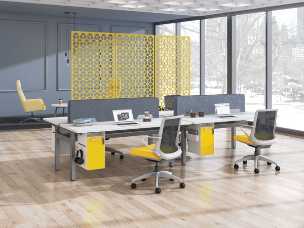 Empower workstations shown with Fuse pedestals and Cliq seating. Open plan space is divided by Unika Vaev hanging screens.