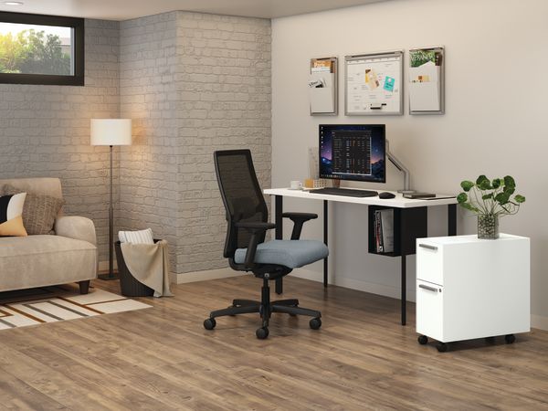 Coze Table Desk with U-Storage, Fuse Slim Mobile Pedestal and Ignition Task Chair.