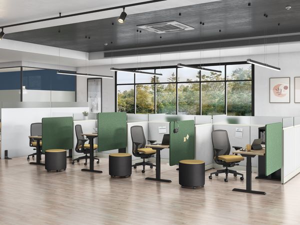 Universal Screens showed with Accelerate Panels, Contain Storage, Nucleus Task Chairs, and Flock Mini.