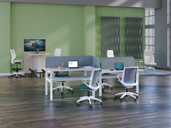 Universal PET Screens, Cliq seating, Empower workstations, Preside Media Table, Solve Stool and Mav seating.