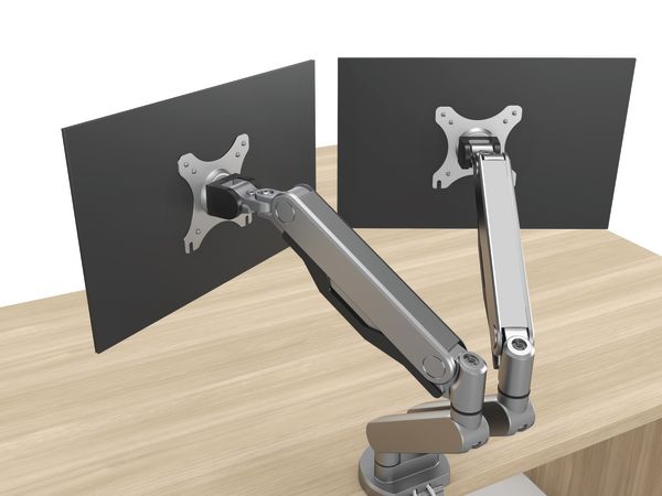 Dual monitor arm with monitors