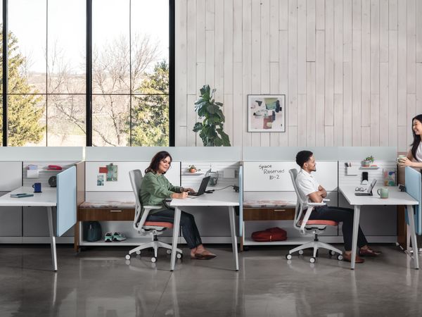 Flexion Seating with Abound Workstations, Contain Mobile Credenzas, Sculpt planters, West Hill and Mav Collaborative Seating