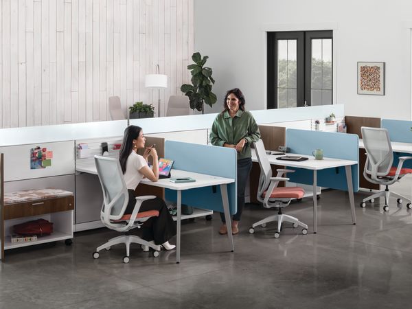 Flexion Seating with Abound Workstations, Contain Mobile Credenzas, Sculpt planters, West Hill and Mav Collaborative Seating