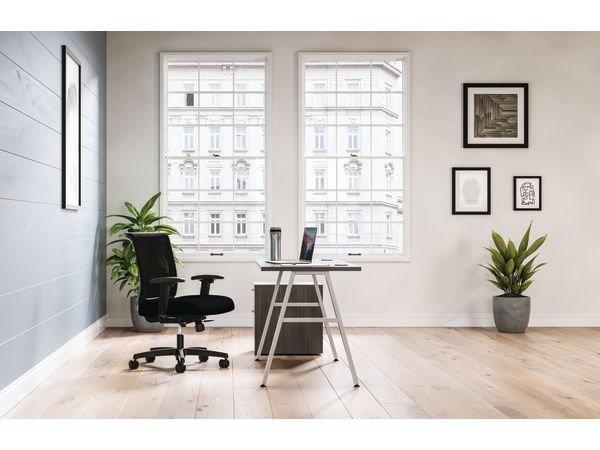 Mod Silver a-leg desk in Slate Teak laminate with Convergence task chair