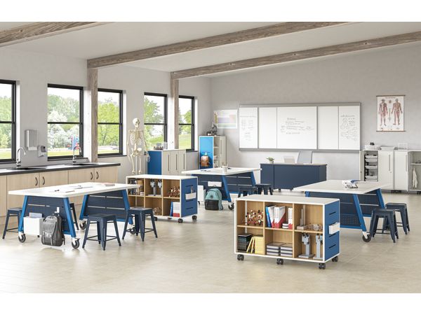 Class-ifi Storage with Build Makerspace Tables and Stools, Cipher Task Chair, and SmartLink Teacher Desk and Wall Rail System.