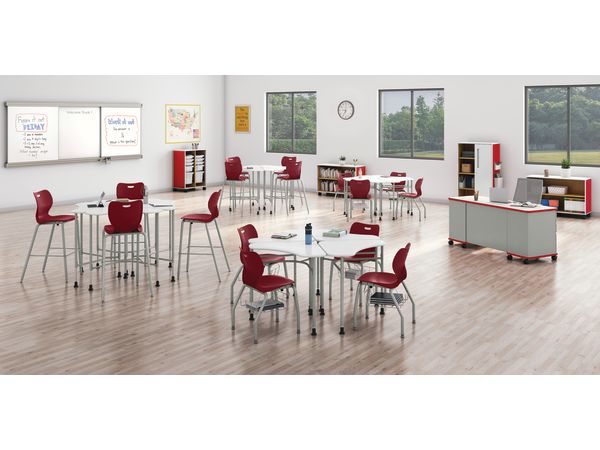 SmartLink Student Desk, Teacher Desk, Chairs, Stools, and Wall Rail System with Class-ifi Storage.