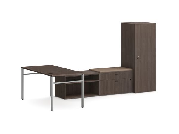 Mod L-Station Desk with Personal Storage Tower in Slate Teak with Silver Legs