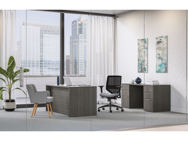 Mod executive desk in Sterling Ash with Solve and Matter seating