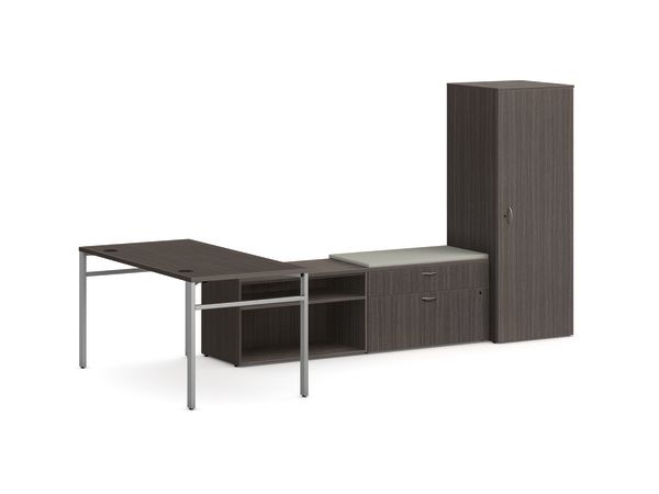 Mod L-Station Desk with Personal Storage Tower in Slate Teak with Silver Legs